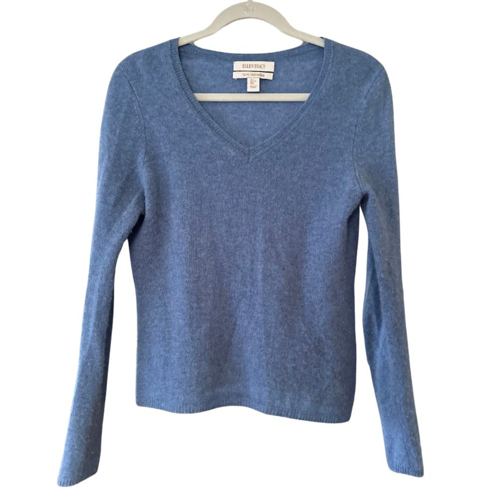 Ellen Tracy 100% Cashmere Blue V-Neck Sweater